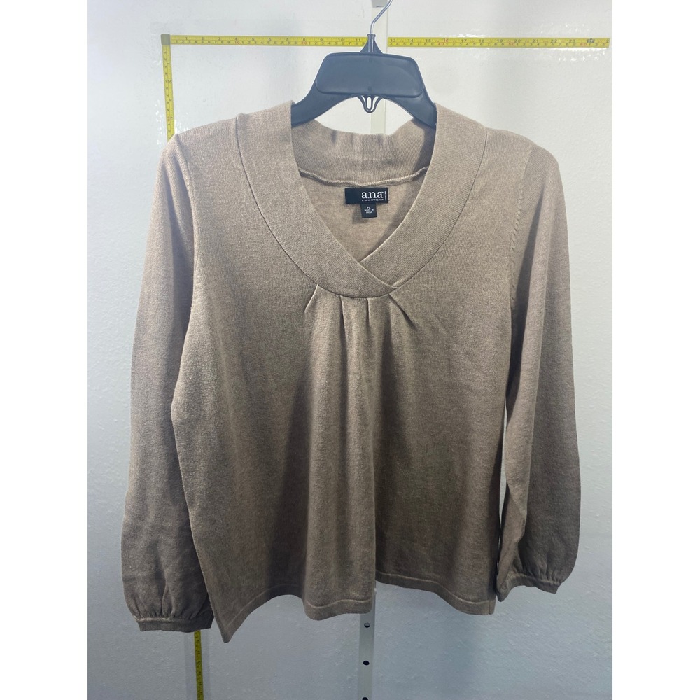 ANA A New Approach Petite PL Sweater Taupe Brown V-Neck Pleated Long Sleeve Knit